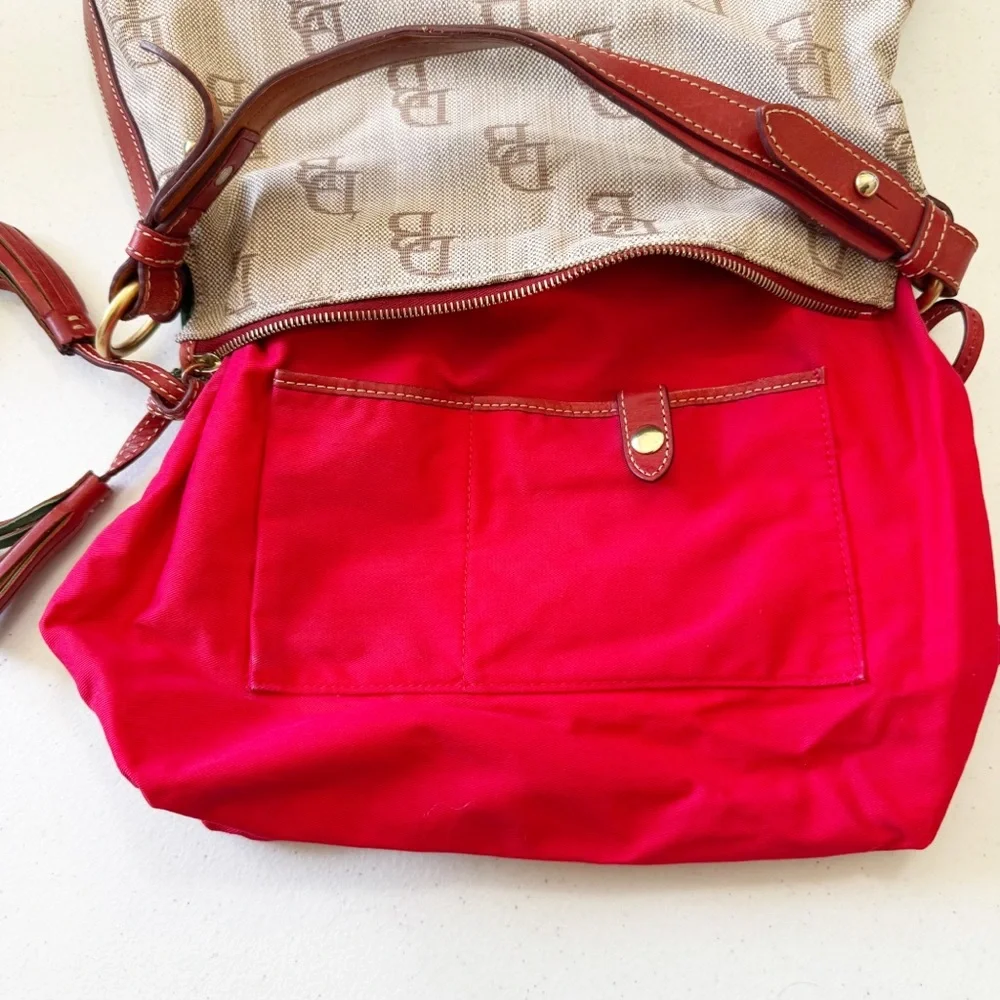 Dooney & Bourke Jacquard Logo Cream Red Tassel Hobo Bag